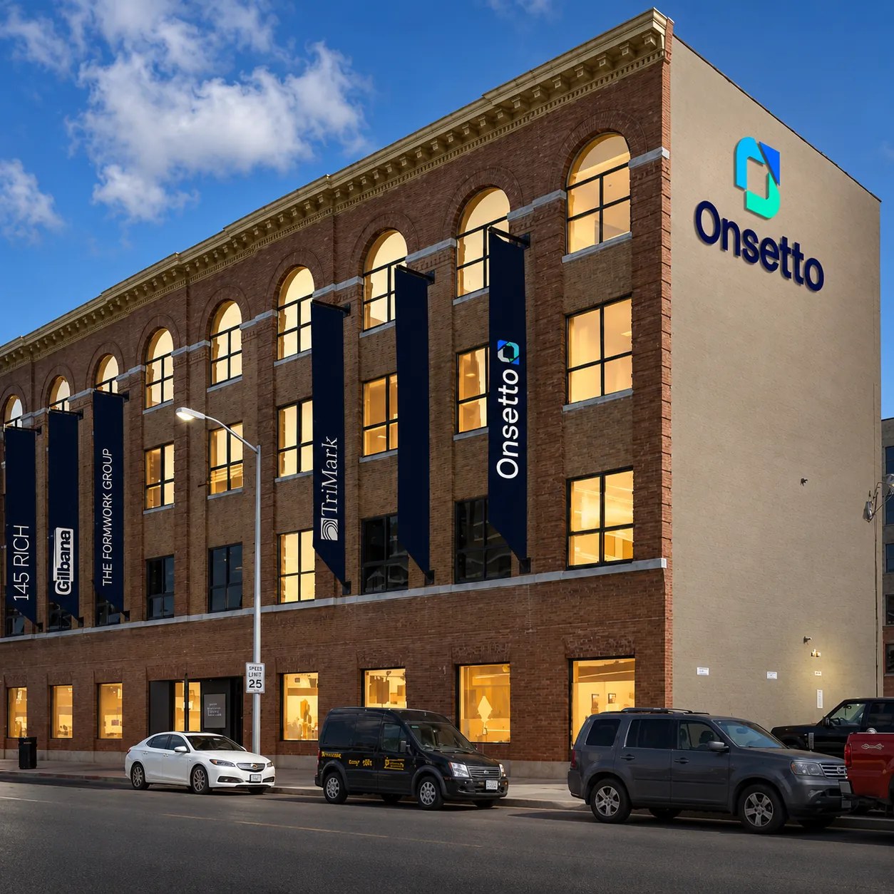 Onsetto headquarters building exterior with branded signage